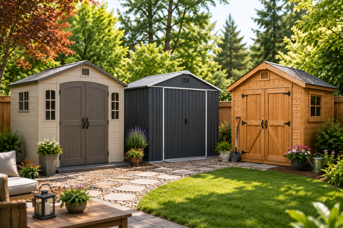 Three outdoor storage sheds made of resin, metal, and wood in a beautifully landscaped backyard.