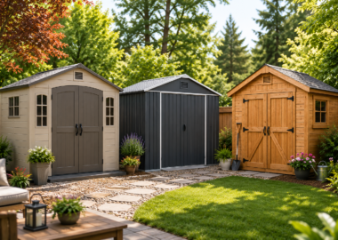 Three outdoor storage sheds made of resin, metal, and wood in a beautifully landscaped backyard.