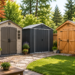 Three outdoor storage sheds made of resin, metal, and wood in a beautifully landscaped backyard.
