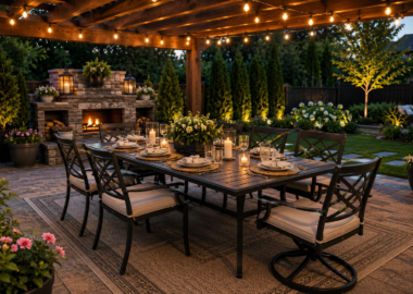 Modern outdoor dining set beneath a wooden pergola with string lights, a stone fireplace, and beautifully landscaped backyard.