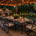Modern outdoor dining set beneath a wooden pergola with string lights, a stone fireplace, and beautifully landscaped backyard.