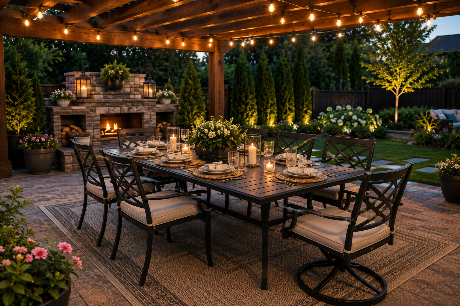 Modern outdoor dining set beneath a wooden pergola with string lights, a stone fireplace, and beautifully landscaped backyard.