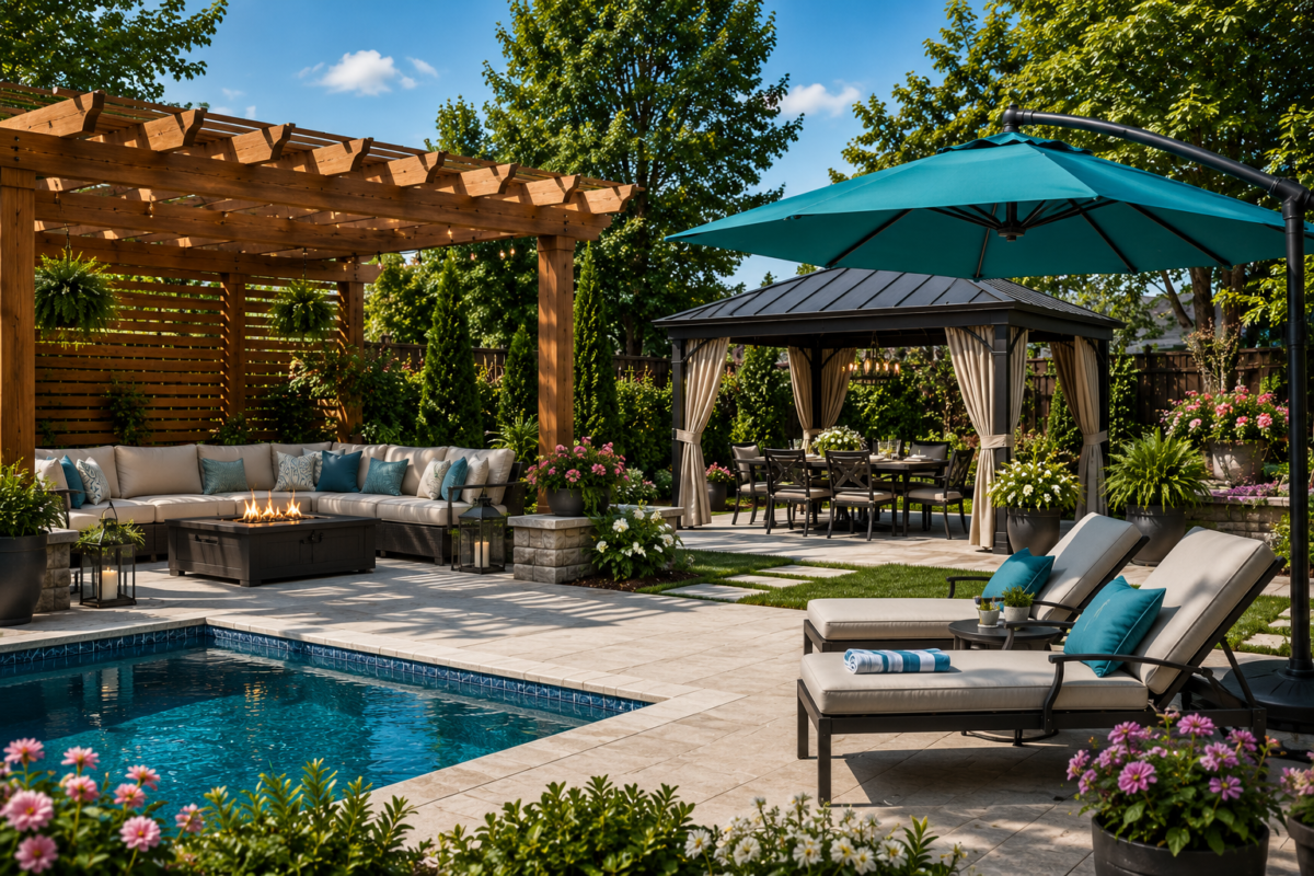 Beautiful backyard featuring a pergola, gazebo, patio umbrella, and comfortable outdoor seating.