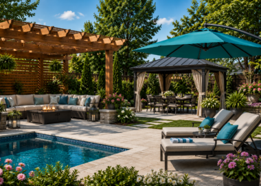 Beautiful backyard featuring a pergola, gazebo, patio umbrella, and comfortable outdoor seating.