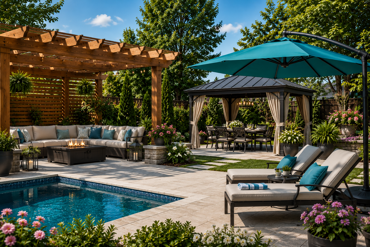 Beautiful backyard featuring a pergola, gazebo, patio umbrella, and comfortable outdoor seating.