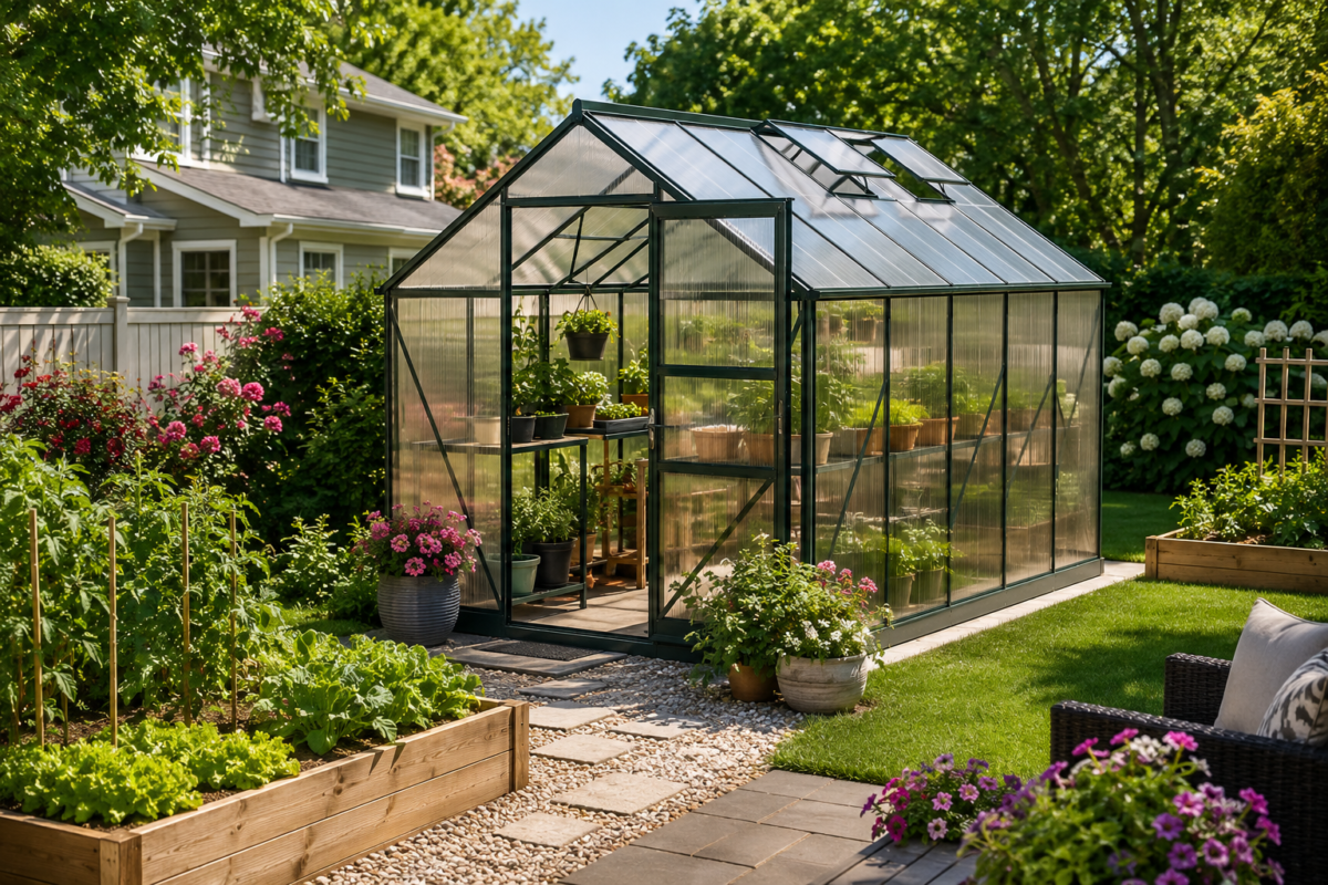 Walk-in greenhouse surrounded by raised garden beds and flowering plants in a landscaped suburban backyard.