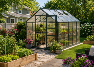 Walk-in greenhouse surrounded by raised garden beds and flowering plants in a landscaped suburban backyard.