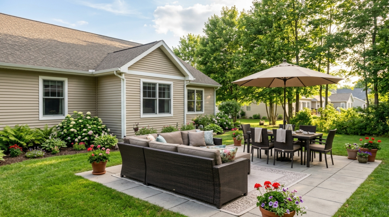 Outdoor patio furniture arrangement featuring a sectional sofa, dining table, umbrella, and landscaped backyard