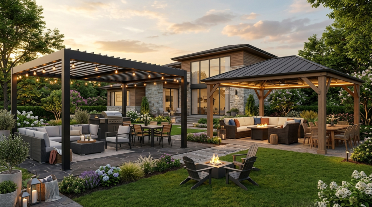 Modern pergola and hardtop gazebo in a landscaped backyard