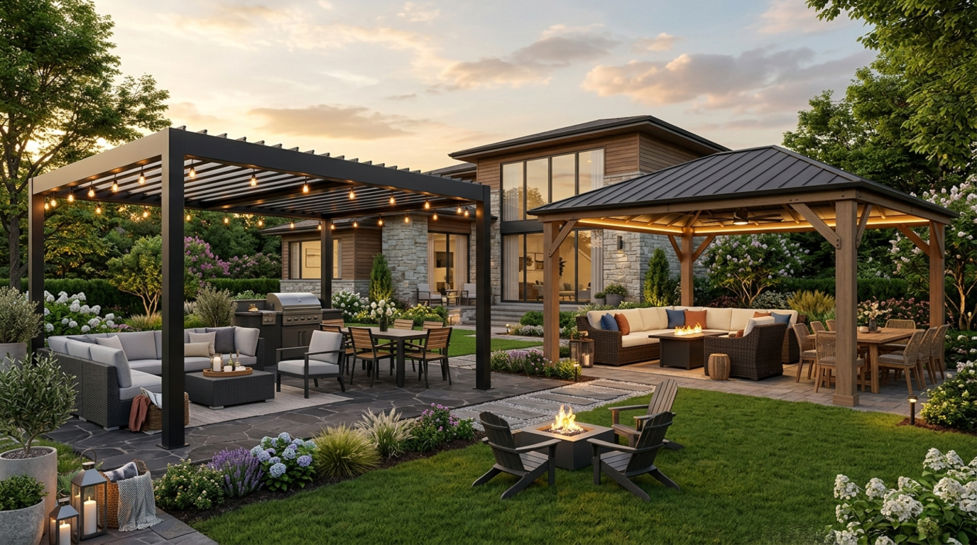 Modern pergola and hardtop gazebo in a landscaped backyard