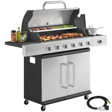 Stainless Steel Propane Gas Grill with Side Burner, Cast Iron Grates & Storage Cabinet