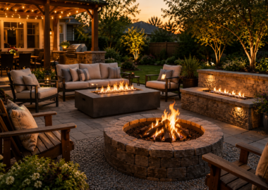 Modern backyard patio with comfortable seating arranged around a stylish outdoor fire pit at sunset.