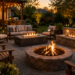 Modern backyard patio with comfortable seating arranged around a stylish outdoor fire pit at sunset.