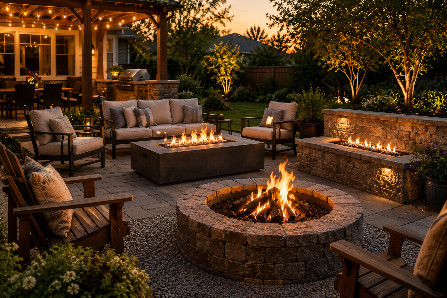 Modern backyard patio with comfortable seating arranged around a stylish outdoor fire pit at sunset.