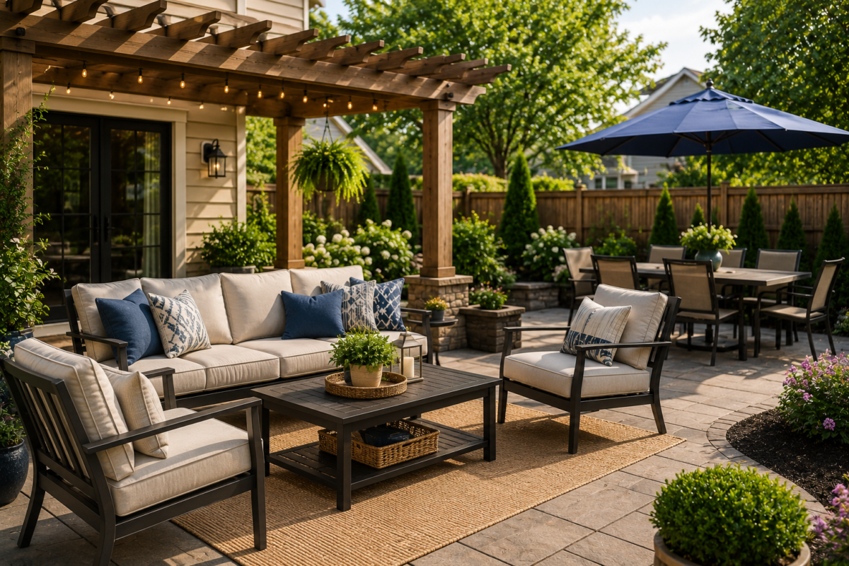 Outdoor patio furniture with a conversation set, dining table, and pergola in a landscaped backyard.