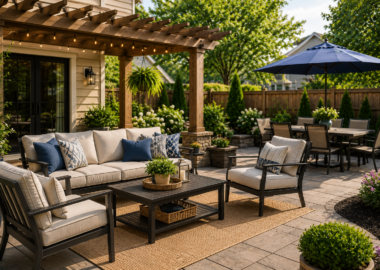 Outdoor patio furniture with a conversation set, dining table, and pergola in a landscaped backyard.