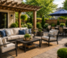 Outdoor patio furniture with a conversation set, dining table, and pergola in a landscaped backyard.