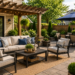 Outdoor patio furniture with a conversation set, dining table, and pergola in a landscaped backyard.