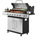 6 Burner Propane Gas Grill with Side Burner, Barbecue Grill with Cast Iron Grates, Wheels, Side Tables, Cabinet - Image 2