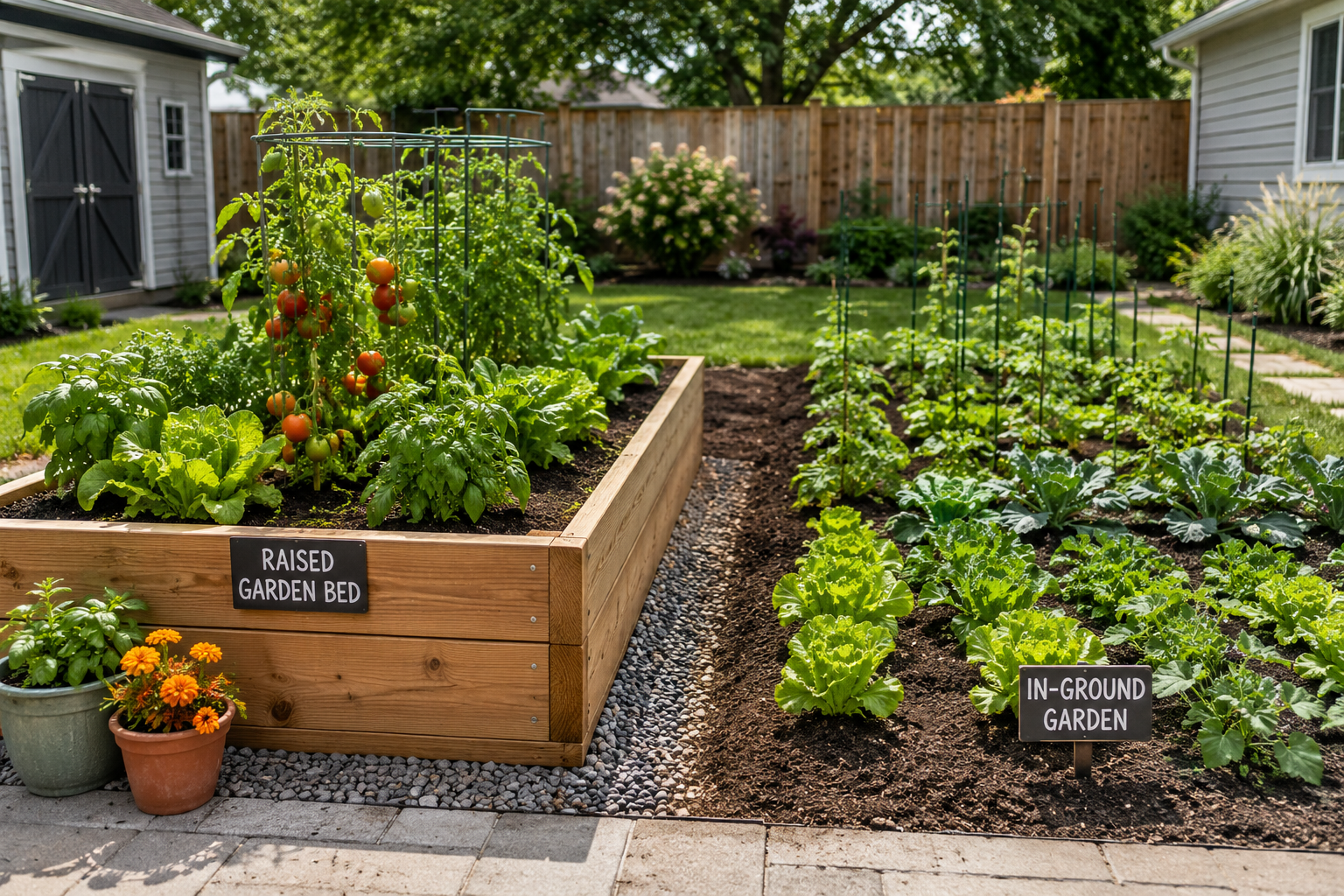 Raised wooden garden bed growing vegetables beside a traditional in-ground vegetable garden in a backyard.