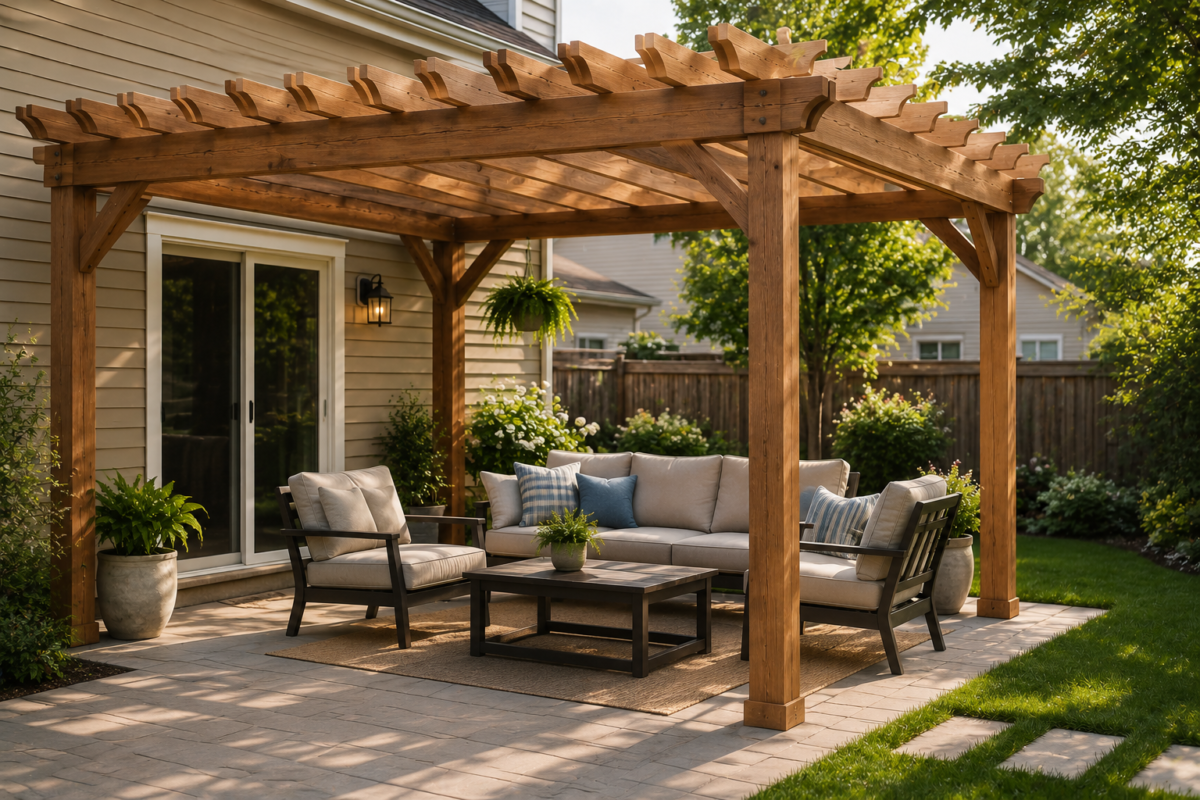 Wooden backyard pergola with comfortable outdoor patio furniture in a landscaped suburban backyard.
