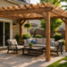 Wooden backyard pergola with comfortable outdoor patio furniture in a landscaped suburban backyard.