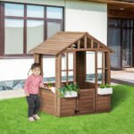 Kids Wooden Playhouse, Outdoor Garden Games Cottage with Flowers Pot Holder, Working Door, Windows, Brown - Image 17