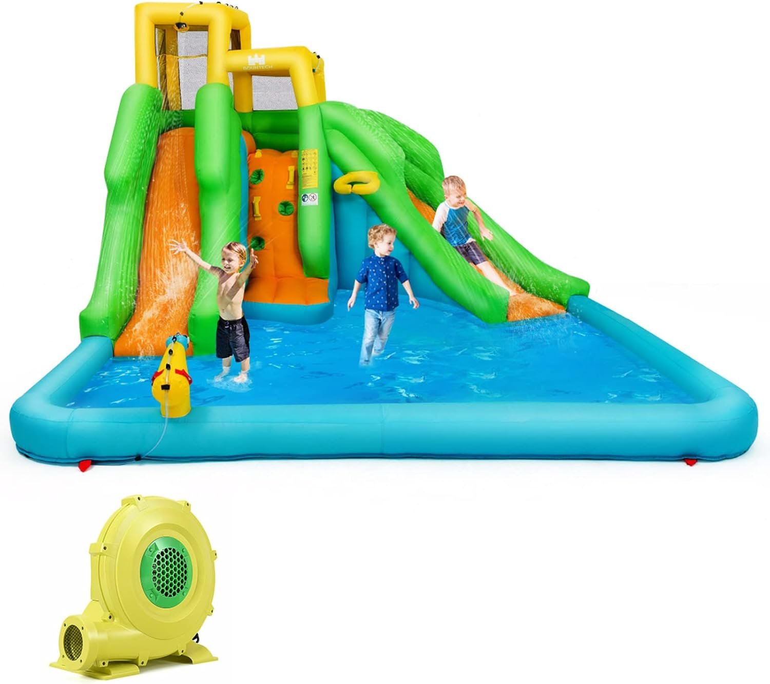 6127dq-my7L._AC_SL1500_ 13 x 12 Ft Inflatable Double Water Slide Park with 480W Blower, Climbing Wall, Water Cannon, Basketball Hoop and Splash Pool - Image 1