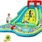 15 x 12 Ft Inflatable Double Water Slide Park with 735W Blower, Climbing Wall, Water Cannon and Splash Pool