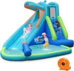 Hippo Inflatable Water Slide Park with 740W Blower, Climbing Wall, Water Cannon and Splash Pool