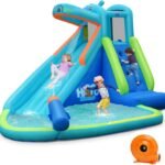 Hippo Inflatable Water Slide Park with 740W Blower, Climbing Wall, Water Cannon and Splash Pool