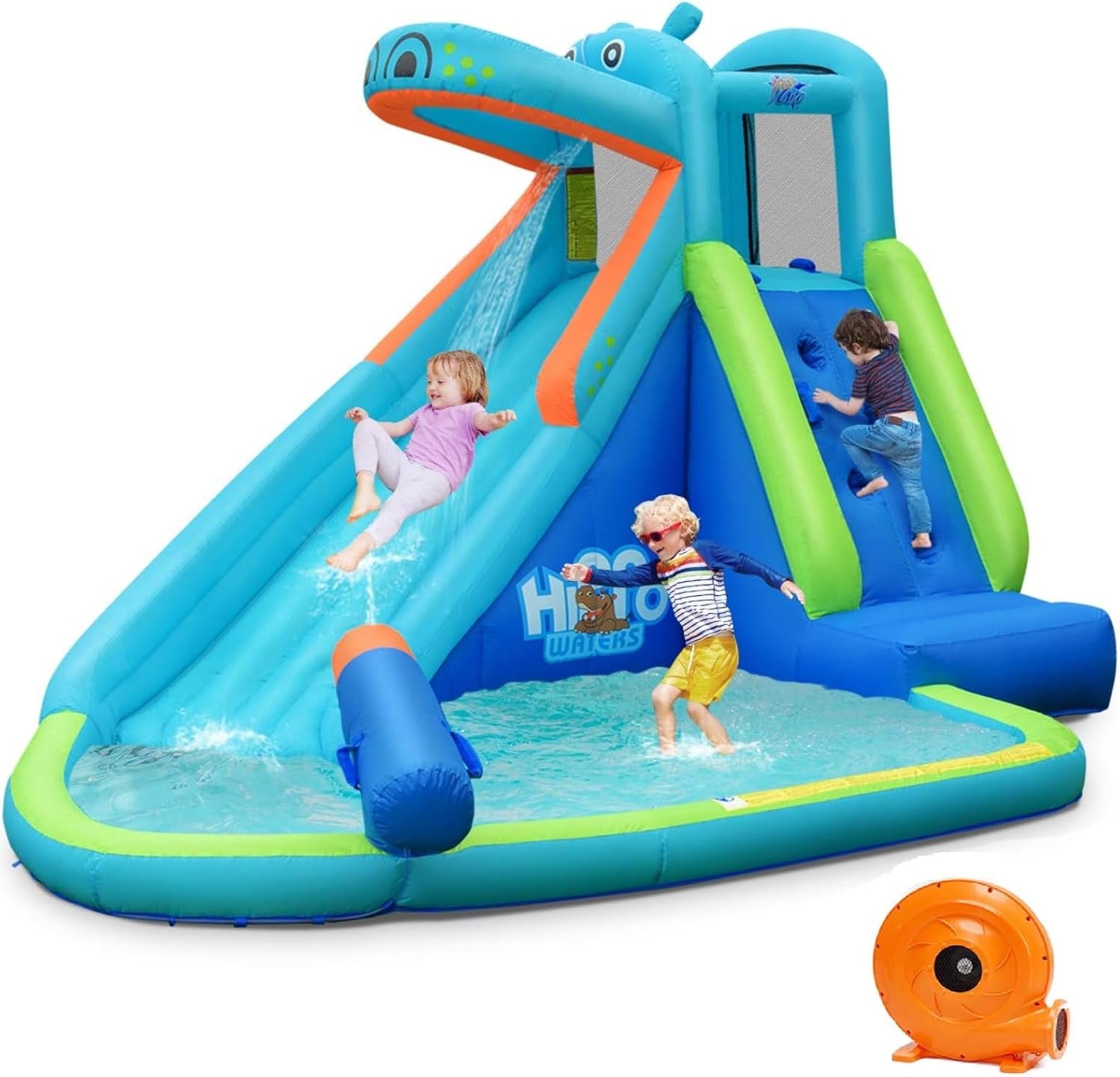 71pYTVssuyL._AC_SL1500_ Hippo Inflatable Water Slide Park with 740W Blower, Climbing Wall, Water Cannon and Splash Pool - Image 1