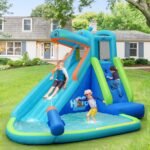 Hippo Inflatable Water Slide Park with 740W Blower, Climbing Wall, Water Cannon and Splash Pool - Image 2