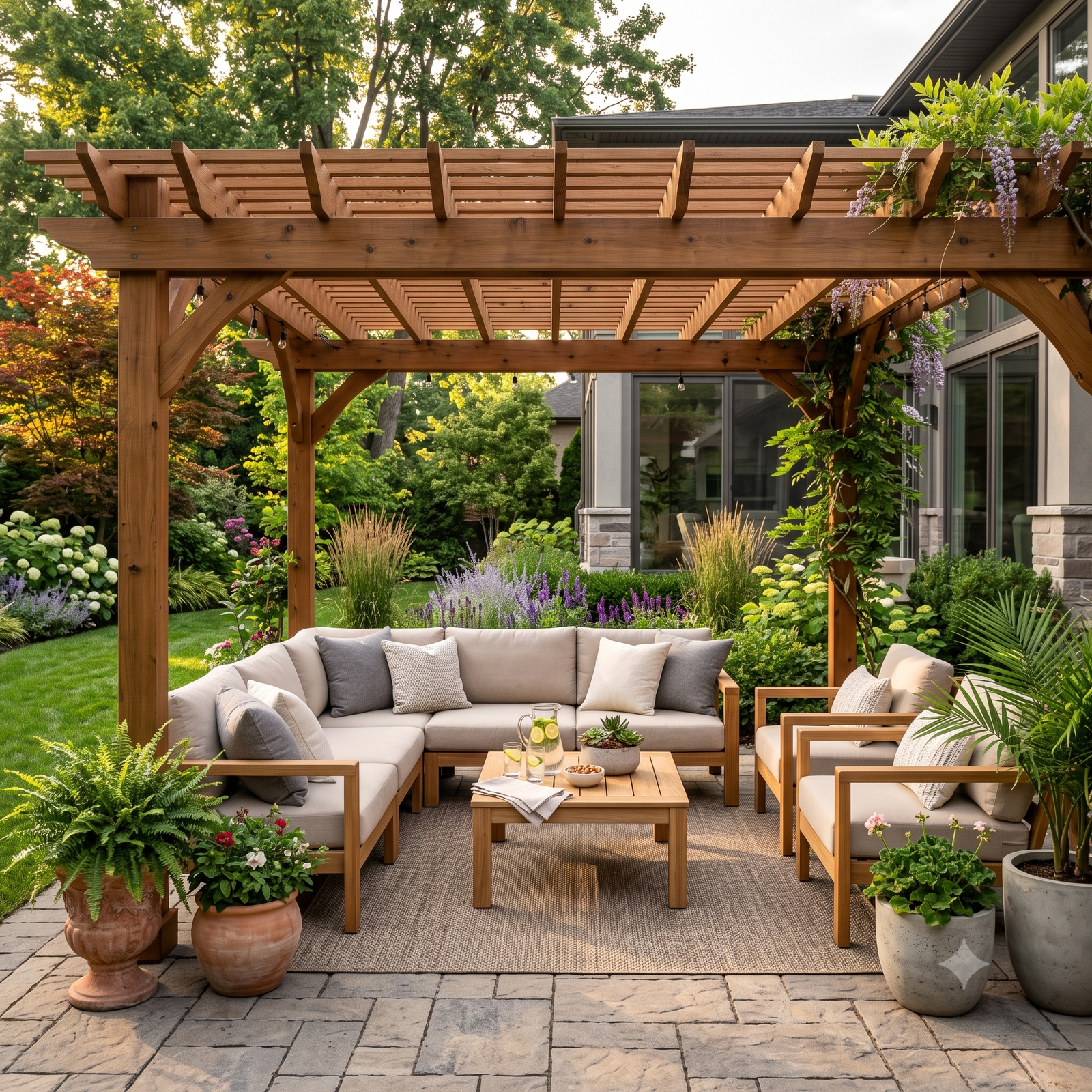 Modern backyard pergola with comfortable outdoor patio furniture and landscaped garden by EverPlay Outdoors