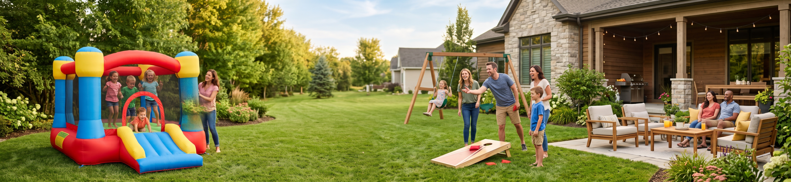 Family enjoying a backyard with a bounce house, swing set, cornhole game, and outdoor patio seating.