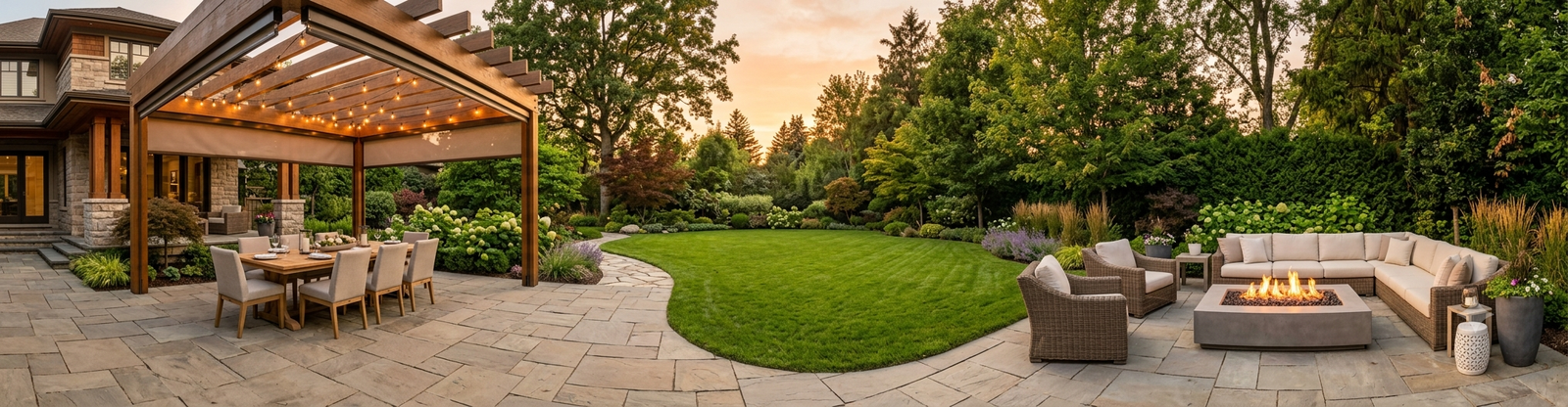 Luxury backyard with pergola, outdoor dining area, fire pit lounge, and landscaped lawn at sunset.