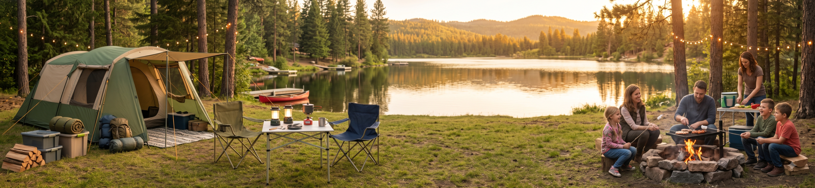 Family enjoying a lakeside campsite with a modern tent, campfire, camping chairs, and scenic forest surroundings at sunset.