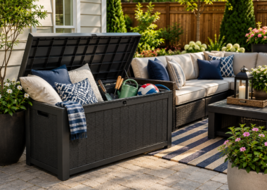 Modern weather-resistant resin deck box on a stylish backyard patio storing outdoor cushions, gardening tools, and patio accessories.