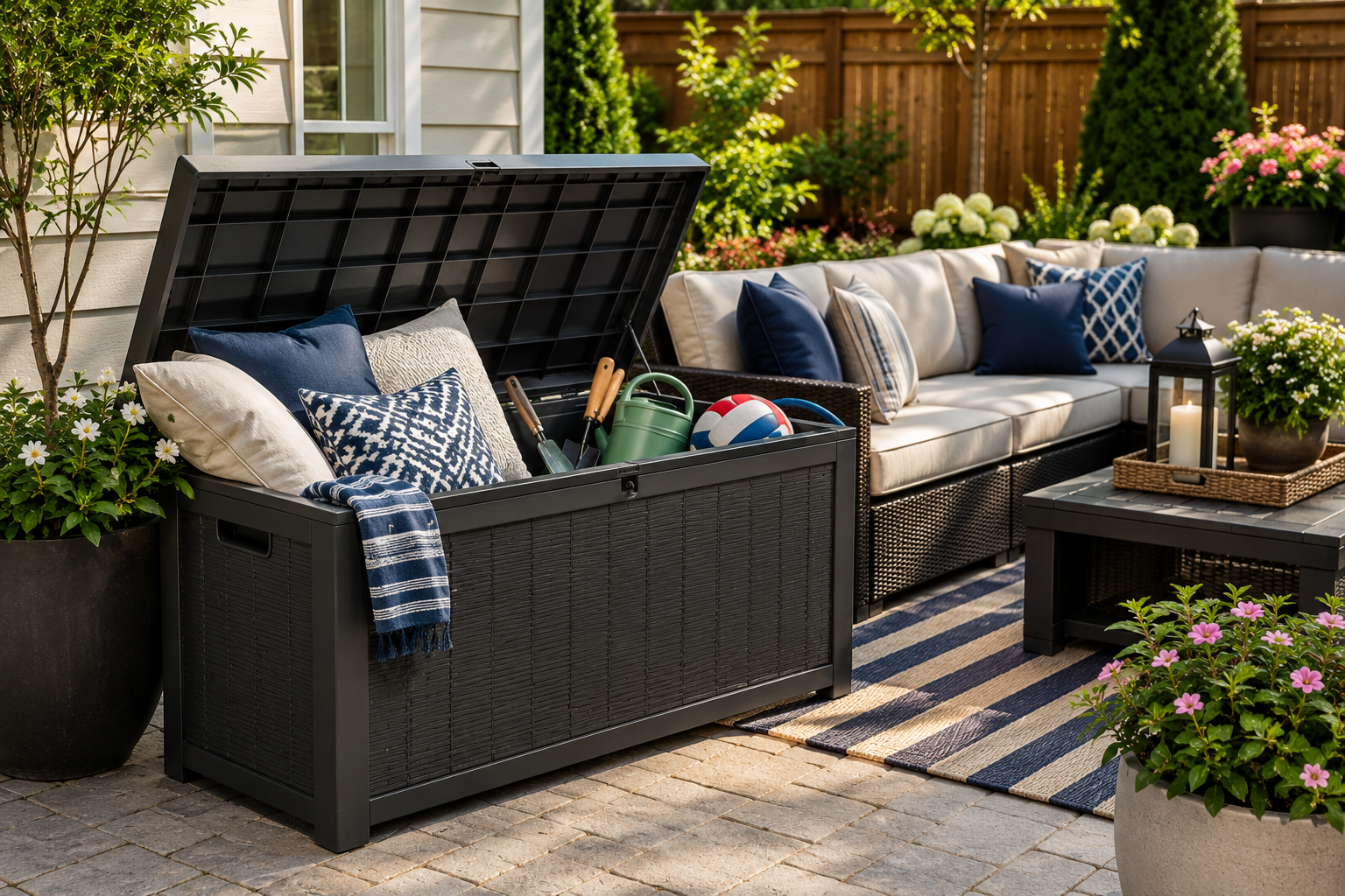 Modern weather-resistant resin deck box on a stylish backyard patio storing outdoor cushions, gardening tools, and patio accessories.