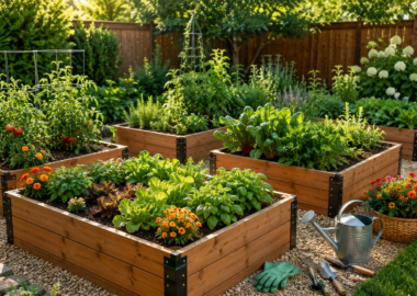 Cedar raised garden beds filled with fresh vegetables, herbs, and colorful flowers in a beautifully landscaped backyard.