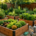 Cedar raised garden beds filled with fresh vegetables, herbs, and colorful flowers in a beautifully landscaped backyard.