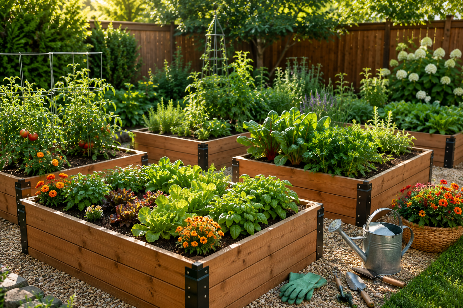 Cedar raised garden beds filled with fresh vegetables, herbs, and colorful flowers in a beautifully landscaped backyard.