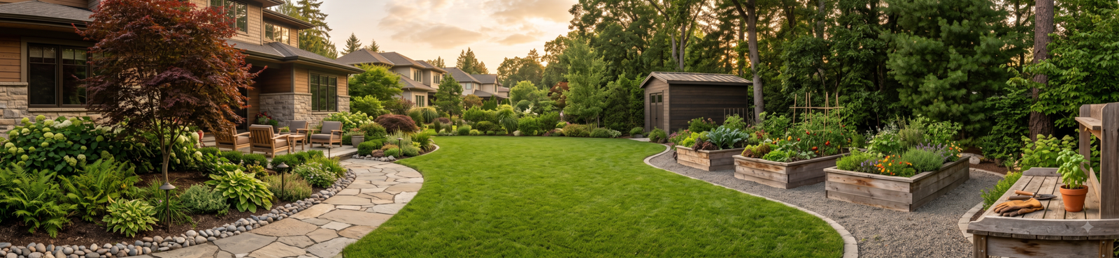 Beautiful landscaped backyard with raised garden beds, decorative planters, potting bench, outdoor storage shed, and lush greenery.