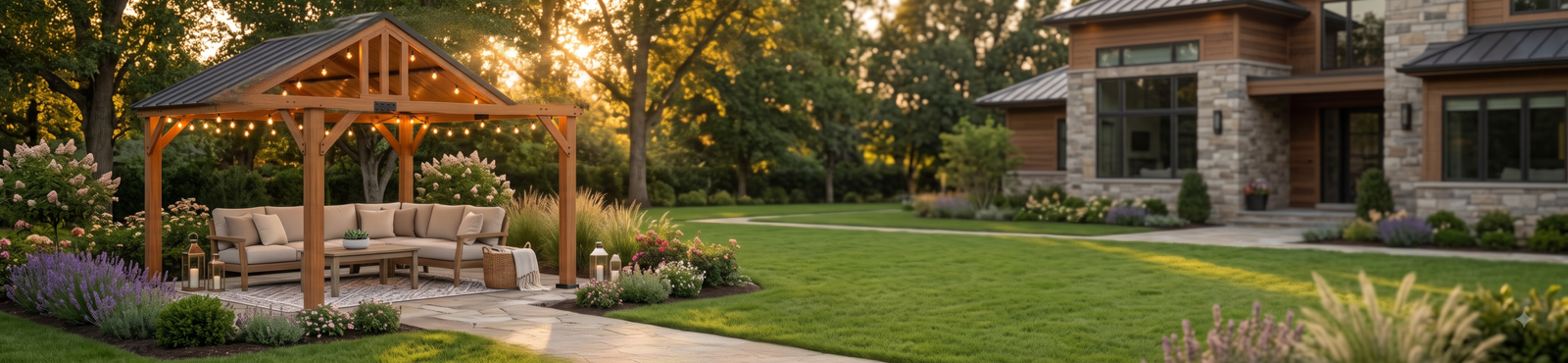 Luxury cedar gazebo in a beautifully landscaped backyard with comfortable outdoor seating, string lights, and elegant gardens at sunset.