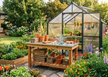 Wooden potting bench beside a backyard greenhouse and raised garden beds filled with vegetables, herbs, and colorful flowers.