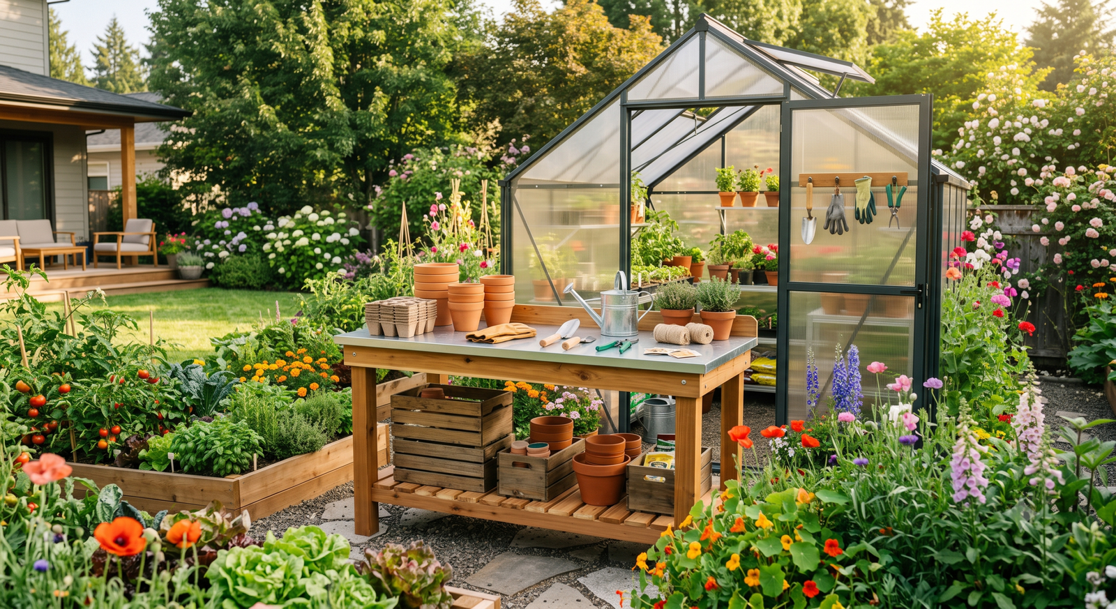 Wooden potting bench beside a backyard greenhouse and raised garden beds filled with vegetables, herbs, and colorful flowers.
