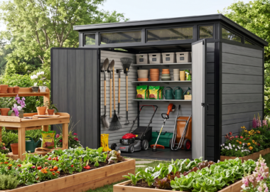 Modern outdoor storage shed with organized shelves, garden tools, lawn equipment, and raised garden beds in a landscaped backyard.