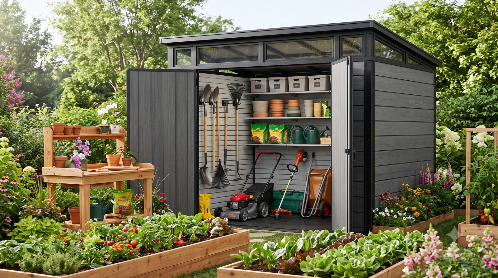 Modern outdoor storage shed with organized shelves, garden tools, lawn equipment, and raised garden beds in a landscaped backyard.