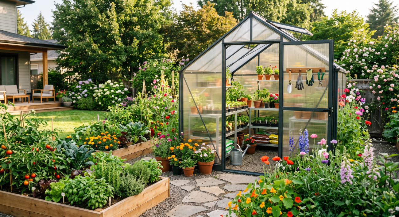 Modern walk-in greenhouse surrounded by raised garden beds filled with vegetables, herbs, and colorful flowers in a landscaped backyard.