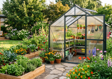 Modern walk-in greenhouse surrounded by raised garden beds filled with vegetables, herbs, and colorful flowers in a landscaped backyard.